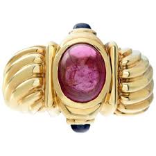 Pink Tourmaline Ring In 14k Yellow Gold With Blue Sapphire A