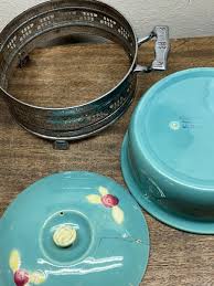Coors Pottery Teal “Rose Bud” 1920s Covered Casserole w/ metal carrier ~ cracked | eBay