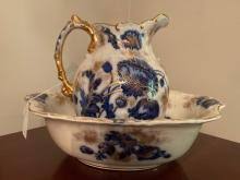 Sold at Auction: Flow Blue Wash Bowl and Pitcher in the "Harvest" Pattern