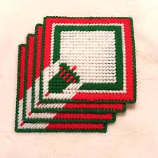 Vintage Christmas 4 Coasters Plastic Canvas Needlepoint ...