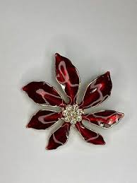 Red Enamel Star Flower Pin Brooch Center 8 Rhinestones set in Silvertone Metal | eBay