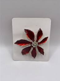 Silvertone Rhinestone Red Poinsettia Flower Pin Christmas- Brand New | eBay