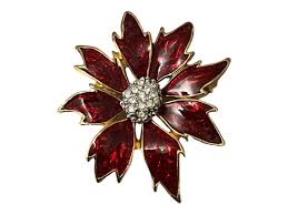 Poinsettia Red Enamel With White Rhinestone Flower Pin Brooch Gold Tone - Etsy