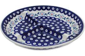Polish Pottery 11" Divided Dish Peacock Forget-Me-Not