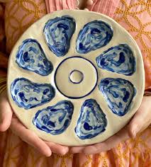 Oyster Plate 1 - Blue Abstract and White - Artisan Pottery ...