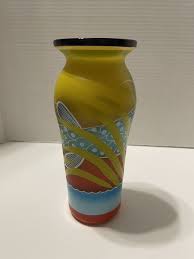 Cobalt Blue & Yellow Hand Painted Blown Art Glass Vase ...