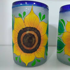 4) Mexican Hand Blown Hand Painted Frosted Glasses W/Cobalt ...