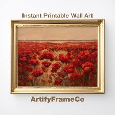 Red Poppies Vintage Floral Landscape Print: Cottagecore Wall ...