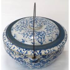 Antique American Blue Spongeware Decorated Stoneware Dutch Oven Cooker With Lid & Handle | Chairish