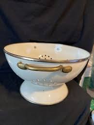 Vintage Enamel Strainer Floral Design w/ Brass Handles ...