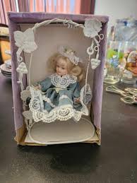 Vintage Doll Porcelain Blonde Hair Blue Lady Lace Silk Hangs On A Swing | eBay