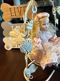 Vintage Porcelain Small Doll on a 7” Metal Swing With Leaf Decor Blond Curly Hair Blue Eyes Pink White Lace Dress Figurine Collectible - Etsy