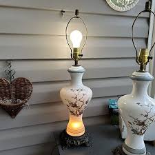 Vintage Pair Table Lamps Oriental Style Lighted Blue Flowers ...