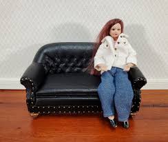 Dollhouse Sofa Black Tufted Faux Leather 1:12 Scale Miniature Furnitur – MiniatureCrush