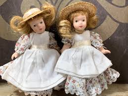 Beautiful Porcelain Twin Dolls With Blond Hair and Sun Hats ...