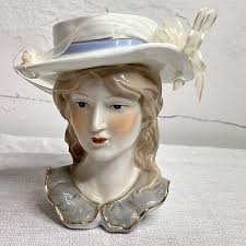 Lady Head Vase Larger Size White Brimmed Hat Ruffled Top Gold Accents Ribbon | eBay