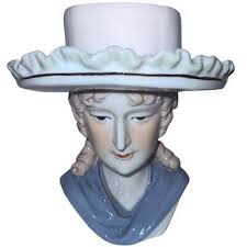 Lady Head Vase Planter - Blue & White Wide Brim Hat, 7” Tall, Mint Vintage | eBay