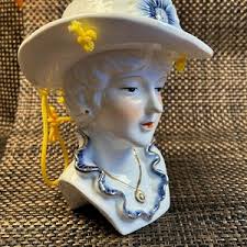 Unique Vintage Lefton Young Woman Head Vase Teal & White Dress Gold Lines Platinum White Hair Gold Definition Purple Flower Blue Eyes - Etsy