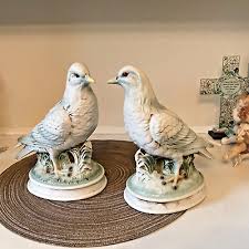 LARGE WHITE love BIRDS FIGURINES set BRUSHED TEAL cream ...