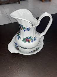 Vintage Small Porcelain Pitcher & Bowl White Gold Trim Multi Color Flowers | eBay