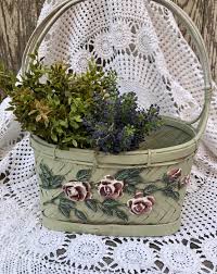 Decorative Basket-pink Rose Green Leaf Raised Details ...