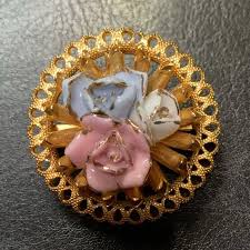 Jewelry | 325 Vintage Pastel Porcelain Roses Gold Tone ...