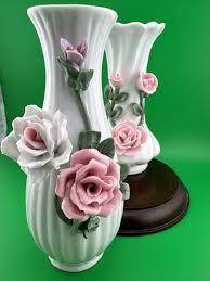 Flowers On White Vases. A Pair Pink And White Flowers On White Vases | eBay