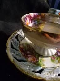 Royal Halsey Iridescent Blue & Gold Plum and Raspberries Teacup & Saucer Vintage | eBay