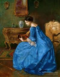 Girl In Blue With Guitar Artwork By Viktor Schramm Oil Painting & Art Prints On Canvas For Sale - PaintingStar.com Art Online Store