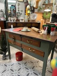 ANTIQUE POSSUM BELLY BREAD BAKER'S TABLE So many things we love about this antique bakers table! The two deep curved belly drawers, mushroom paper lining top drawers, Oak Moss Green and Stained