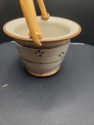 Pottery Basket With Bamboo Handle Stamped By Artist Bottom | eBay