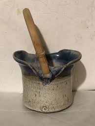 Vintage Pottery Stoneware Bucket Basket Bowl Wood Handle Blue White Speckled | eBay