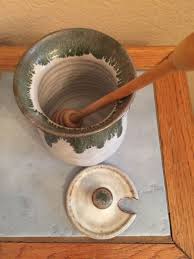 5" Classic Honey Jar w/ Dipper Handmade Glazed Studio Pottery Gray Dark Green | eBay