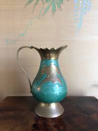 Vintage Brass Pitcher with Dolphin Design and Green Enamel Paint - Brass Vase, Vintage Brass Vase, Brass Dolphins, Dolphin Pitcher | Curated Trimmings