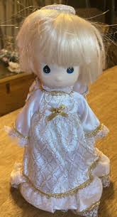 Precious Moments 9" tall Angel white Satin Dress w/ Gold ...