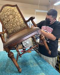 Check out these beautiful set of 6 dining chairs! We've reupholstered the seats in Oxen Dk. Brown with antique brass tacks. We're offering a special deal until the end of the year -