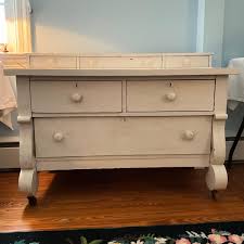 UBB443 Antique White Painted Empire Dresser with Oval Mirror | EstateSales.org