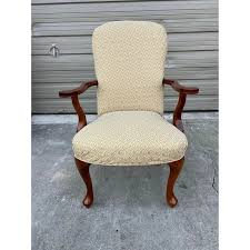 Late 20th Century Pair Fairfield Furniture Queen Anne Style Cherry Upholstered Armchairs | Chairish