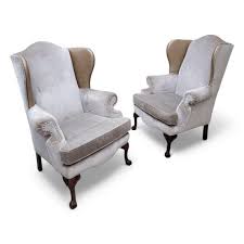 Vintage Queen Anne Style Wingback Lounge Chairs in Velvet, Chenille and Leather - Pair - Etsy