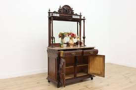 Italian Antique Oak Sideboard Server Bar, Marble Lion Mirror