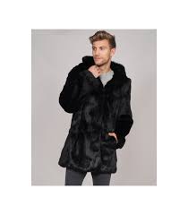 Noir Black Hooded Men's Rabbit Fur Coat: FurSource.com