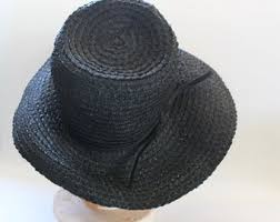 Vintage 1960s Womens Black Woven Straw Wide Brim Hat With ...