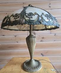 Antique RAINAUD 8 Panel Slag Glass Table Lamp 23" Pull Chain ...