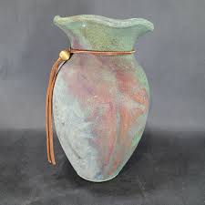 Raku Studio Pottery Vase Jim Calhoun Green ROUGH MATTE Signed 9 inch Tall | eBay