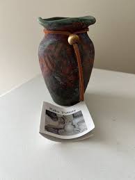 RAKU POTTERY VASE Handmade in Arizona 5" Tall | Leather Trim | eBay