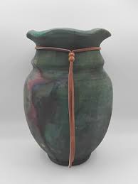 Raku Studio Art Pottery Vase Ruffled Edge Textured Green 8.5" Tall Signed | eBay