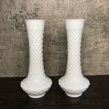 Vintage White Milk Glass Vases: Diamond Quilted Genie Bottle ...