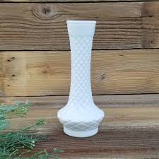 Vintage White Milk Glass Bud Vase - Quilted Diamond Glass ...