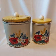 Vintage 2 Piece Tin Canister Set white red blue Flowers Floral ...