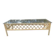 Vintage Boho Coastal Lattice Tan Bamboo Rattan Rectangular Coffee Table | Chairish